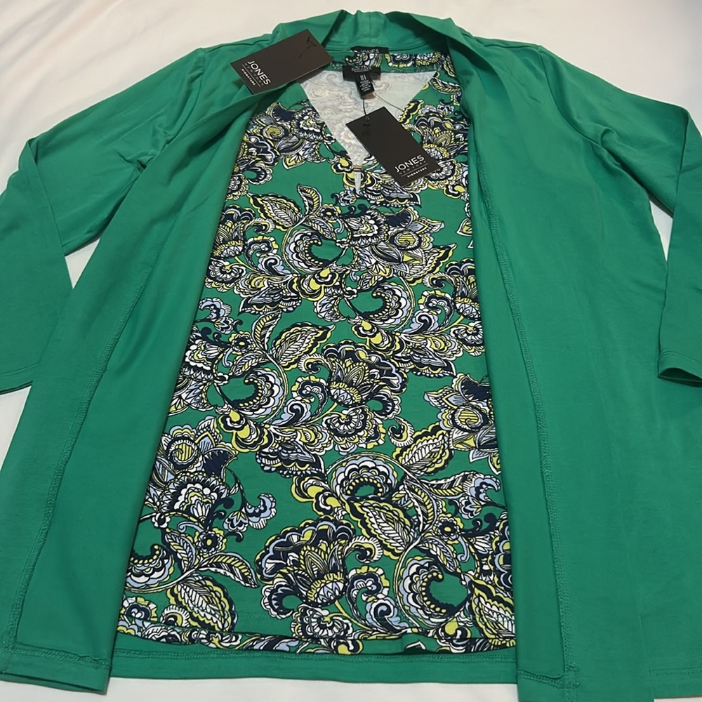 Jones New York Women's Green 2-piece set Sleeveless Top+ Open Cardigan S NWT